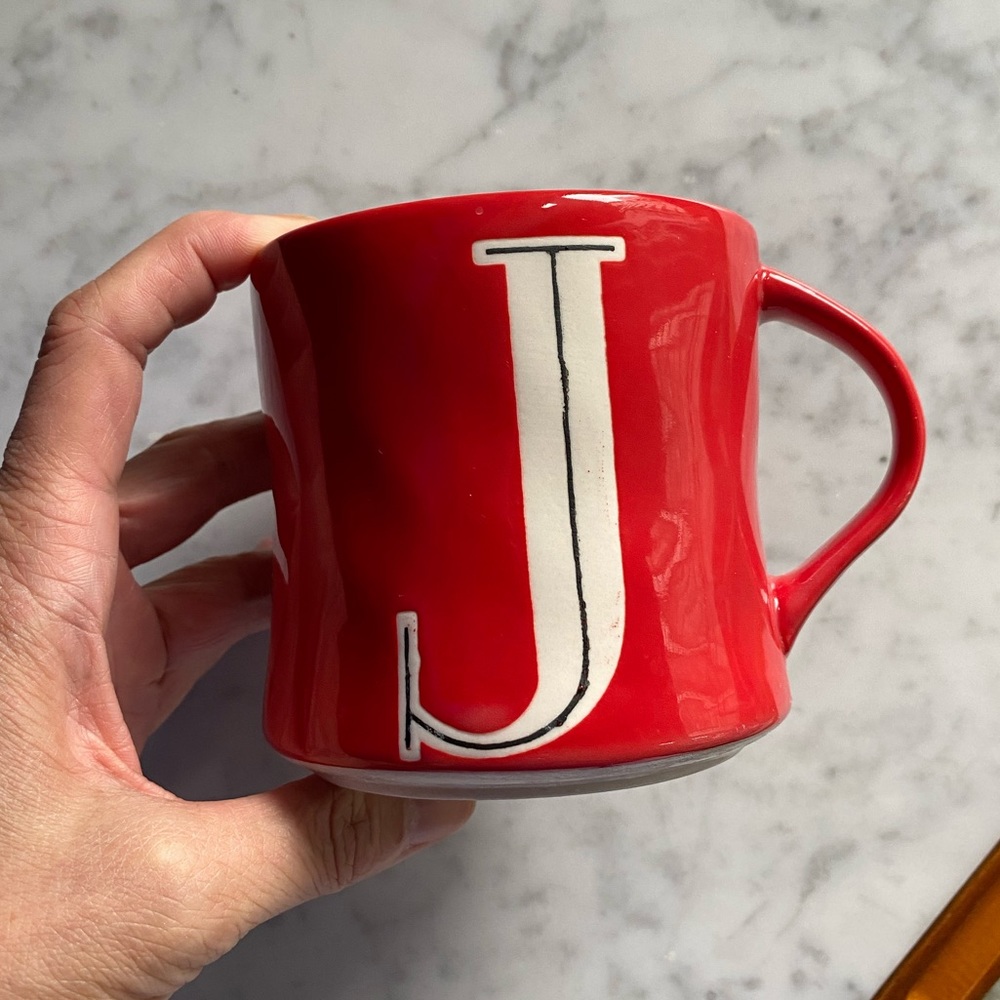 Anthropologie Letter J Red Hand Painted Mug